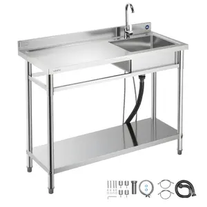 VEVOR Stainless Steel Utility Sink, Free Standing Single Bowl Commercial Kitchen Sink with Faucet, Utility Left Basin Workbench with Hot Cold Water Pipe for Garage Restaurant Laundry, 47x19.7x37 in