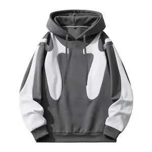 Trendy Brand Gray and White Colorblock Geometric Patchwork Hoodie Autumn Winter Loose Oversized Designer Streetwear with Personalized Fashion Elements Casual Versatile Outdoor Hooded Jacket casual versatile