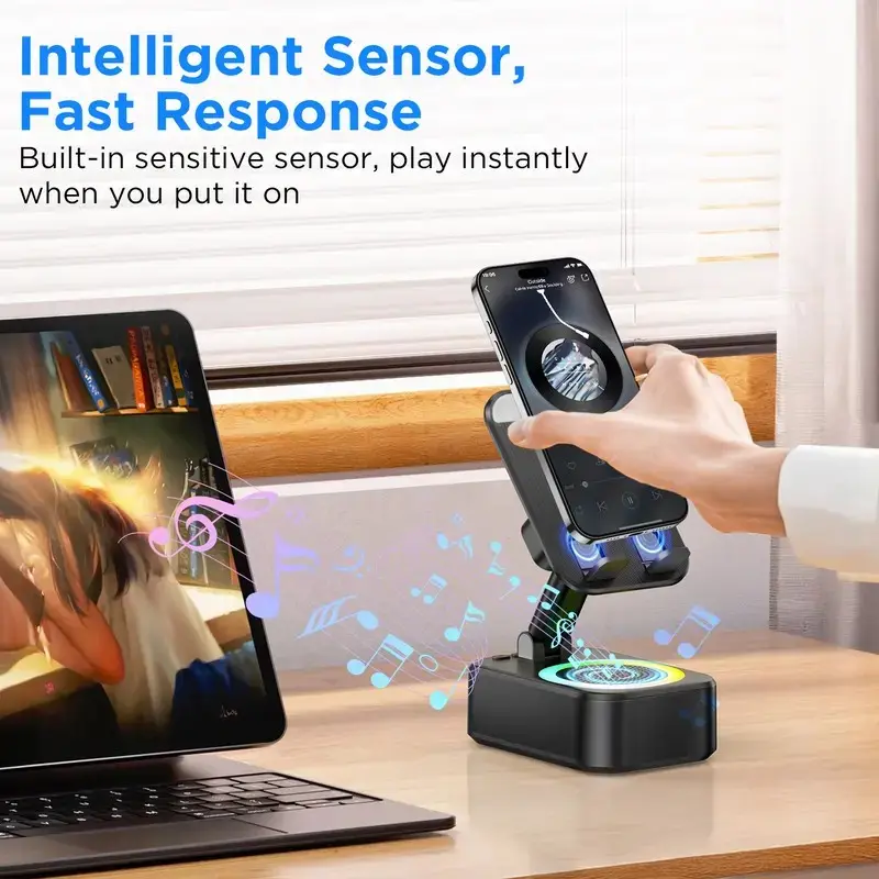 IMOLI Wireless Audio Induction Bluetooth Speaker with Emergency Charging 5in1 Phone Holder Power Bank LED Nightlight for Tablet iPhone Android 5.3 Connectivity 1500mAh Battery 100Hz-20kHz Frequency Response New Design Durable Smart Device 6