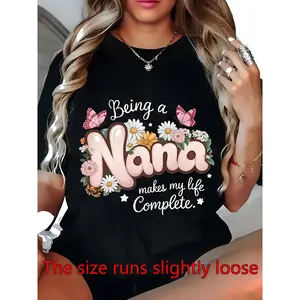 Women's "Being a Nana" Floral & Butterfly Print T-Shirt - Grandma Gift, Comfort Fit Round Neck Short Sleeve Blouse for Spring Summer Casual Wear, Machine Washable - Top for Nana
