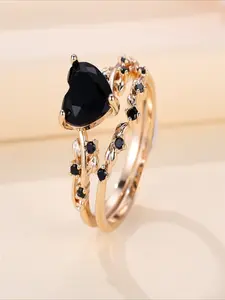 1 Set Heart-Shaped Black Zirconia Ring Set for Women - Wedding, Engagement, Party Wear, Sparkling and Gorgeous