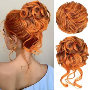 2 count Messy Bun Hair Pieces Wavy Curly Synthetic Updo  Scrunchies Ponytail Extension for Women Copper Red with Brown Tips
