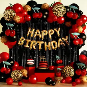 Cheetah Leopard Print Birthday Decorations Kit, Red Black Gold Cheetah and Cherry Balloon Arch Kit with Red Black Ribbon Background Decor for Party Decorat