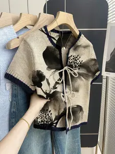 Boho Style Loose Round Neck Knit Top, Floral Print Short Sleeve, Women's Summer Casual Wear, Front Tie Design, Contrast Binding, Blouse, Womenswear