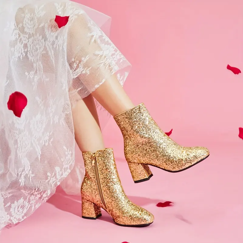 Women's Shoes, Ladies Boots, Women's Ankle Boots, Short Boots With Sequins, Wedding Bride Bridesmaid Party Flash Decoration Side Zipper Dress Shoes, Carnival And Music Festival Comfortable Ankle Boots