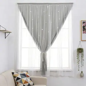No-Drill Star Double-Layer Velcro Curtain, Kids Room Princess Room Light Blocking Curtains, Self-Stick Short Window Curtain