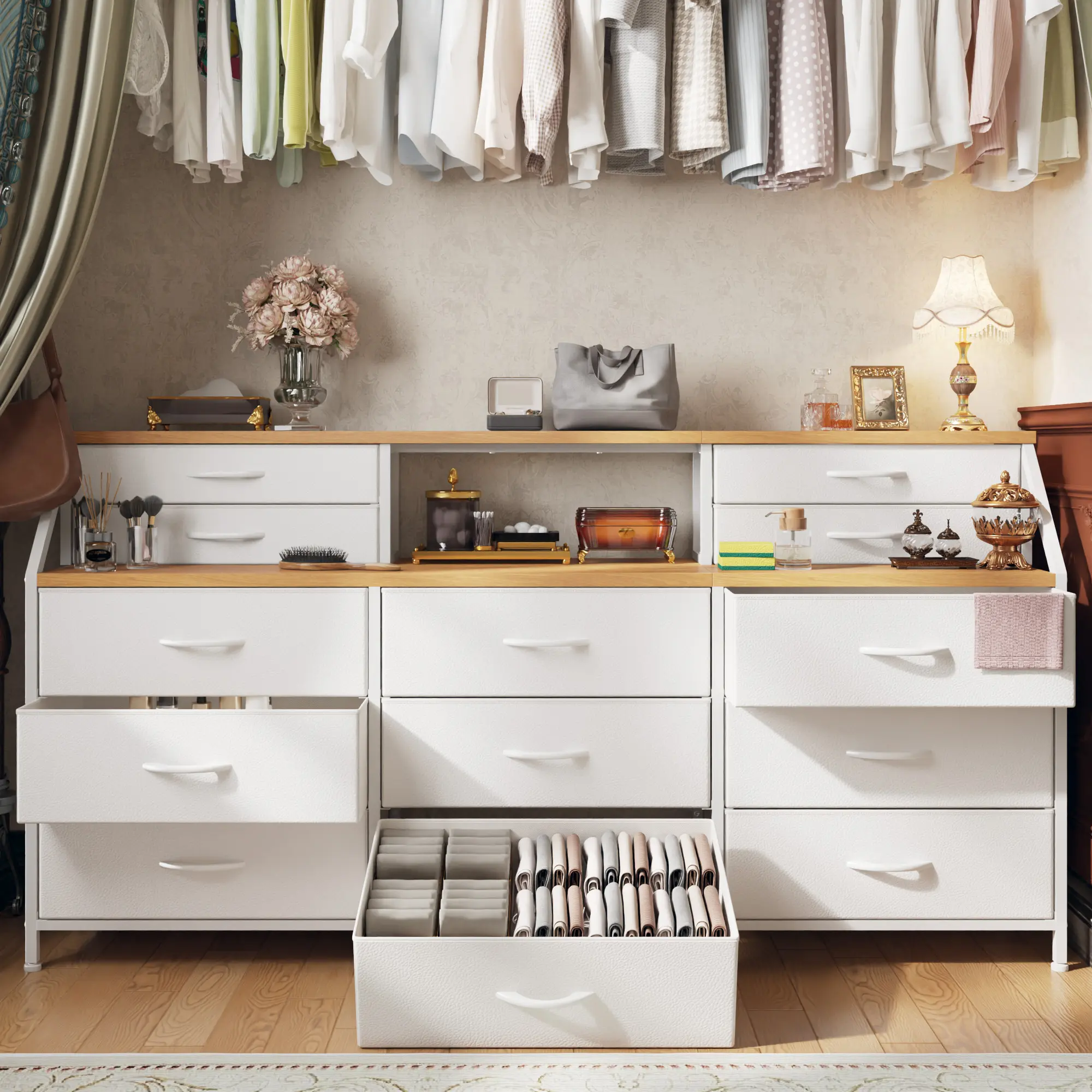 Homkdom 55"W Dresser with 13 Deep Fabric Drawers & 2 Open Shelves, Long Storage Chest for Bedroom, Entryway, Dorm Room, Large Vanity Organizer