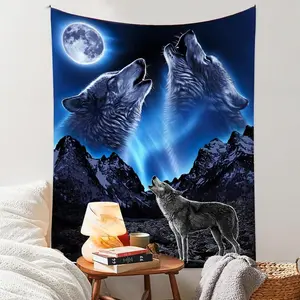 Wolf and Moon Pattern Wall Tapestry, 1 Count Modern Artwork Decorative Hanging Blanket with Accessory, Wall Decor for Living Room Bedroom, Festival Decorations for Home  Decor 2025, Ideal for Holiday, Cool Bedroom Accessories Multicolor
