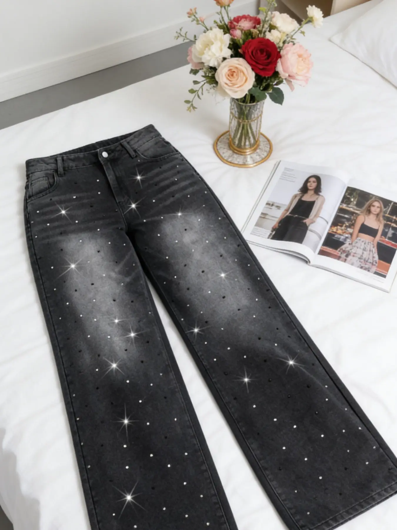 Women's Y2K Style Streetwear, Wide Leg Jeans, Gradient Color Denim Jeans, Rhinestone Embellished Texture, Mid Waist, All Seasons, Casual Wear, Pants