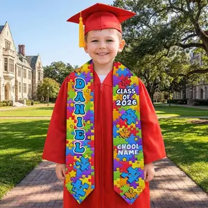 Autism Puzzle Graduation Stole, Custom Name Kids Preschool Kindergarten Class of 2026 Graduation Outfit, Custom Name Kindergarten Sash Graduation Stole