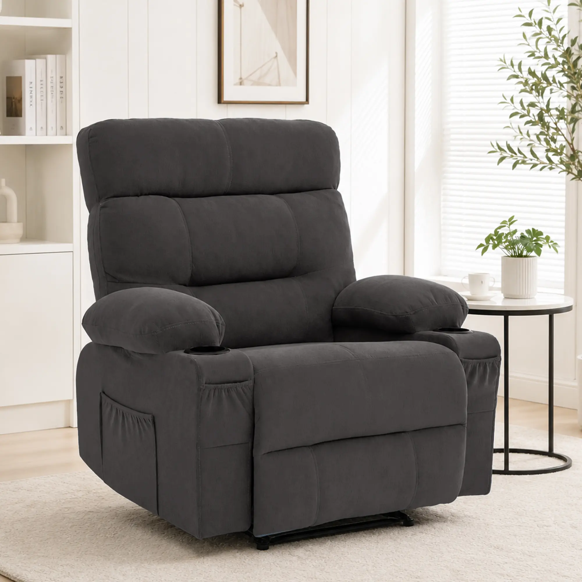GASEE Modern Manual Recliner Chair - Fabric Cover, Adjustable Angle, Fixed Arms, High Back Single Sofa for Living Room, Dark Grey