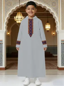 Light Gray with Colorful Geometric Ethnic Embroidery Hooded Kids' Robe, Loose Long Children's Traditional Costume for Performance