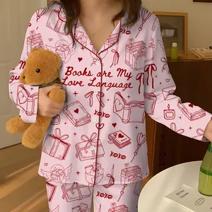 Books Are My Love Language Satin Pajama Set, Book Lover Valentine Sleepwear, Cozy Bookish Pajamas Gift