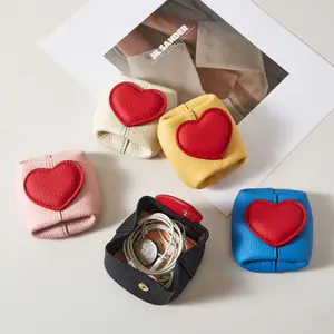 Mini Lychee Pattern Cowhide Heart Coin Purse, Solid Color Buckle Key & Earphone Storage Bag, Color-Block Leather Change & Jewelry Pouch for Daily Use