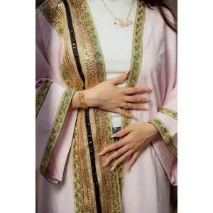 Threaded Jasmine Boho Open Abaya with Gold Detail Work