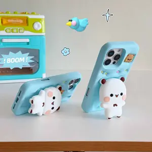 Cute cartoon bear stand phone case, iPhone 17 Pro Max silicone soft case, full coverage shockproof protective cover for iPhone 16/15/14 Pro Max/13/12, 3D cute expression new style for girls