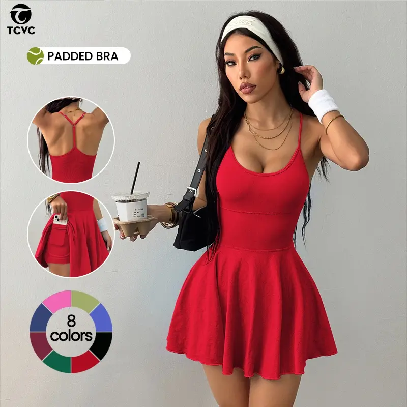 TCVC Solid Red High Stretch Sports,Built-in Pocket for Yoga Workout Casual Active  Fall Winter Breathable Backless Sleeveless Stretch Sleeveless Athletic Dress for Winter&Christmas,fitness gym wear,Women's Stretchy Casual Dress /Shorts Versatile Essential