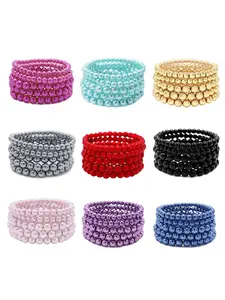 5 Pcs Faux Pearl Bracelet Set for Women Beaded Stretch Strand Bracelets Stacking Matching Bracelets for Bridesmaid,Bridal,Party Jewelry Beads Bracelets