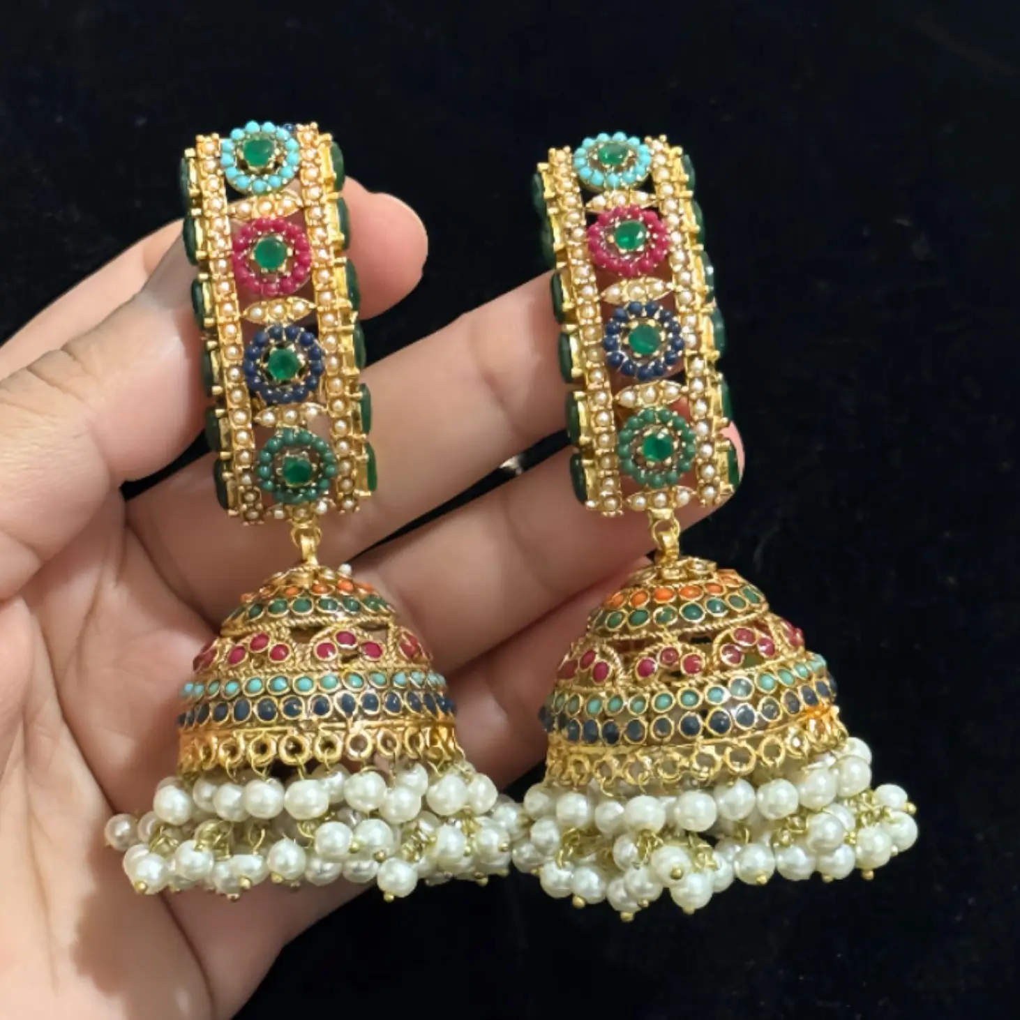 Nauratan Jhumkas Earrings | 3 inches Long Handcrafted Navratan Traditional Jewelry