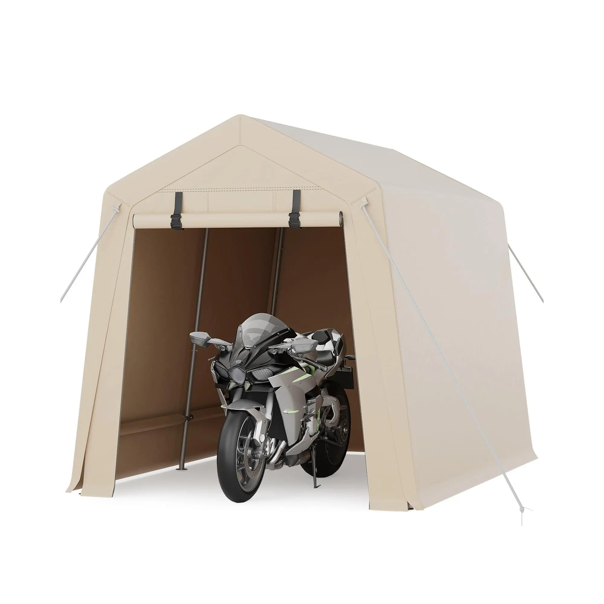 GARVEE 7x10 FT Portable Outdoor Storage Shed with Roll-Up Zipper Door & Vents, 240G Heavy-Duty Shelter Waterproof PE Tarp, UV-Resistant Carport for Motorcycle, Firewood, Tools -Khaki
