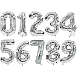 Silver Number Balloons 0-9, 40 Inch Foil Mylar Helium Balloons for Birthday Party Decor, Graduation, Anniversary, Photo Backdrop