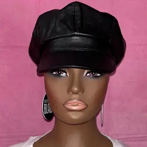 Women's Baker Boy Cap - Stylish Black Leather Look Hat for Everyday Wear