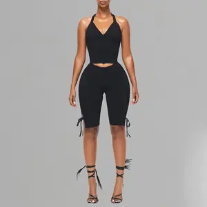 2026 New Solid Slim Sexy V-Neck Halter Top & Capris Two Piece Set – Clean Girl Aesthetic Sexy Halter V-Neck Crop Top & 3/4 Pants Set – Slim Fit Solid Casual Streetwear Outfit 2026 Summer Solid Color Halter Neck Two Piece Outfit – Slimming V-Neck Top