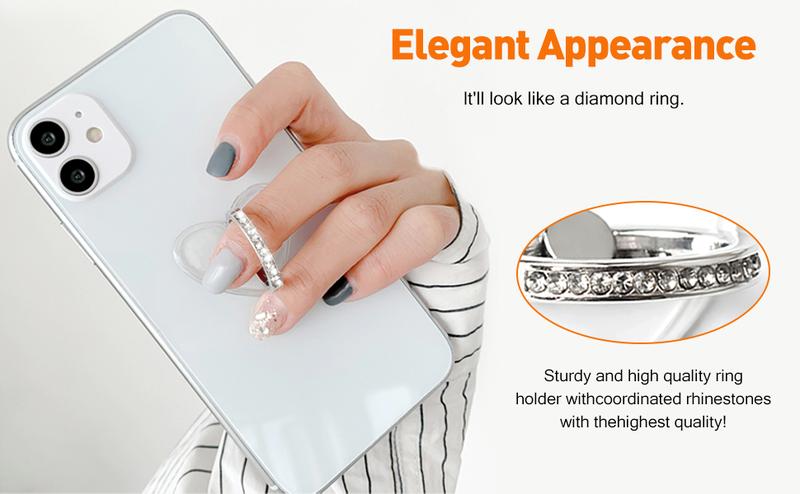 [2 Pack] Transparent Diamond Phone Ring Holder – 360° Rotating & 180° Adjustable Finger Kickstand, Electroplated Grip Stand for iPhone, Samsung & All Smartphones