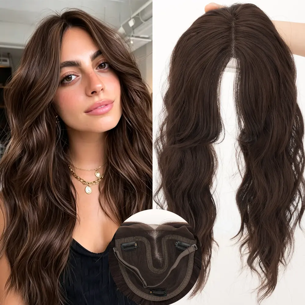 Hair Toppers for Women with Thinning Hair 20inch Wavy Clip in Topper with 6x6 inch Large Lace Base Synthetic Affordable Wiglets hairpiece with Face-Framing Curtain Bangs for Daily Wear