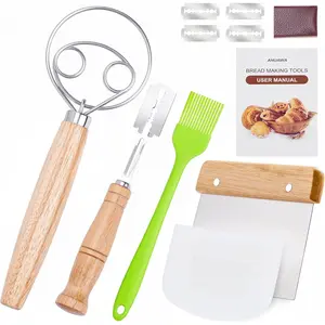 Danish Dough Whisk with Sourdough Scoring Tool Bread Making Baking Supplies Set including Dough Hook Whisk Bread Lame Bench Scraper & Pastry Brush