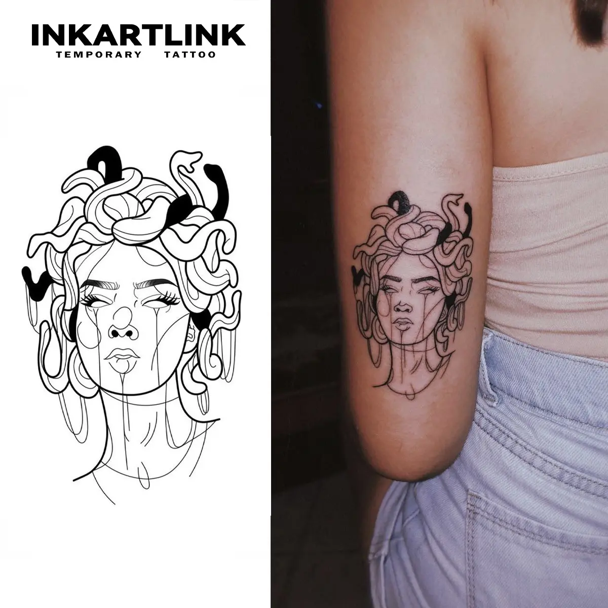 INKARTLINK Tattoo Tech, 2 Sheets Large Semi Permanent Tattoo, Adult Art Design Temporary Tattoos, Lasts 1-2 Weeks, Waterproof, Realistic Look, No Adhesive, No Reflection (Medusa) Cruelty-Free Technology Easy-To-Apply