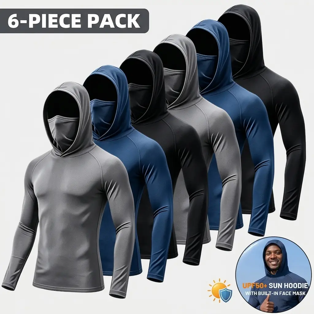 Men's 6-Pack Quick Dry Sports Hoodie with Integrated Face Mask, Breathable Long Sleeve Compression Activewear Shirts, Moisture Wicking Sweat Resistant Athletic Performance Workout Tops & Base Layer for Gym, Running, Fitness & Outdoor Training