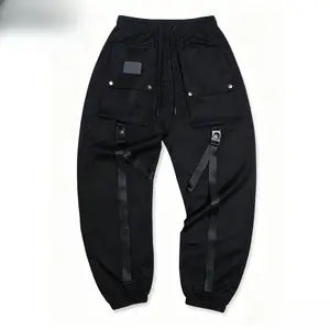 Men's Black Techwear Cargo Joggers Baggy Streetwear Pants with Webbing Straps Rivet Pockets, Y2K Utility Style, Cyber Aesthetic, Oversized Fit, Viral Outfit, Trending 2026, Daily Wear Alphabet Print Loose Sweatpants casual summer casual athletic pant