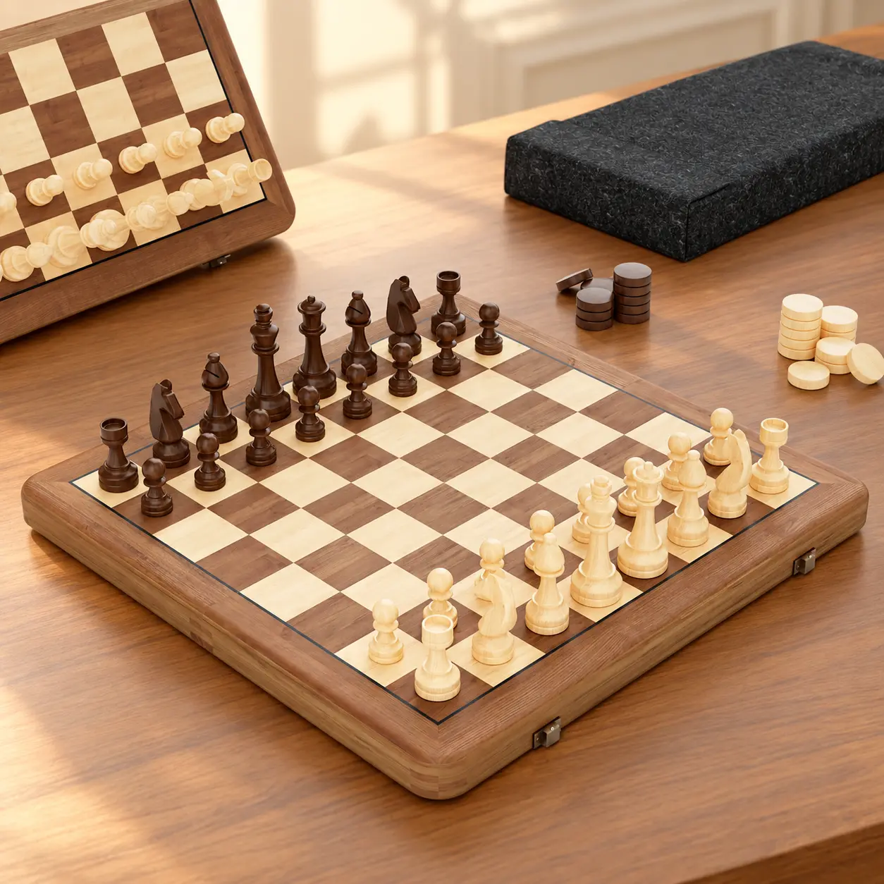 15-in Classic Unisex Wood Chessboard Table Set - 2-in-1 Folding Velvet Chess & 24 Checkers Pieces Game, 3-in Staunton King, Extra Queens, Clear-Cut & Elegant Design, Strategy Gift for Enthusiasts
