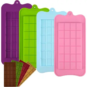 4 PCS Silicone Chocolate Bar Mold Set, Break-Apart Chocolate Bar Mold, 24-Cavity Pink, Green, Blue, Purple