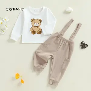 Toddler Boy Fall Outfits Bear Embroidery Long Sleeve Round Neck Tops + Solid Suspender Pants 2 Pcs Set