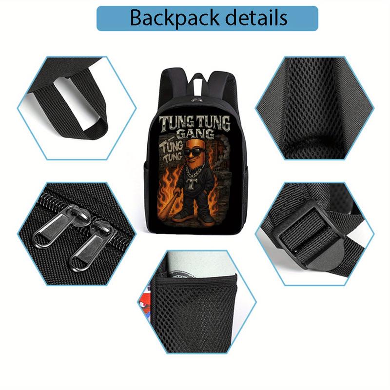 Tung Tung Tung Sahur Tung Tung Gang Graphic Print Backpack - Lightweight Travel Backpack with Separate Laptop Compartment, Adjustable Shoulder Straps & Durable Polyester, Stylish Commuter Essentials for School, Work, Daily Use, Backpack for School, Bold