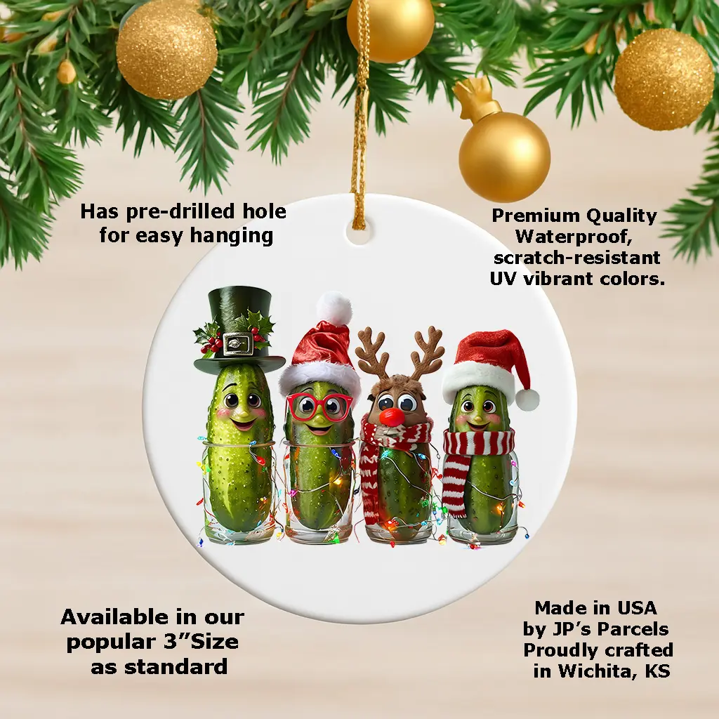 Funny Christmas Ornaments 2025 – 3" Round Ceramic Holiday Tree Decoration Humors Designs – Hilarious Gift for Friends, Family, or Coworkers (Pickle)