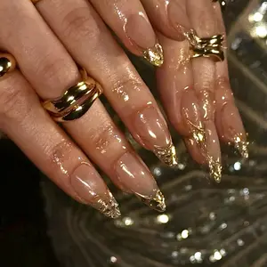 SHEDARES Golden Hour– Handmade Gold Foil Medium Almond French Press-On Nails Luxury False Nails for Dating, Weddings & Proms