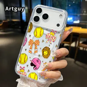 Softball Glamour Pattern Magnetic Phone Case for iPhone 17 16  Pro Max Plus 15 14 13 12 11 Air E Anti-Yellowing Shockproof Lightweight Transparent Acrylic Large Hole Soft Cover Supports Wireless Charging