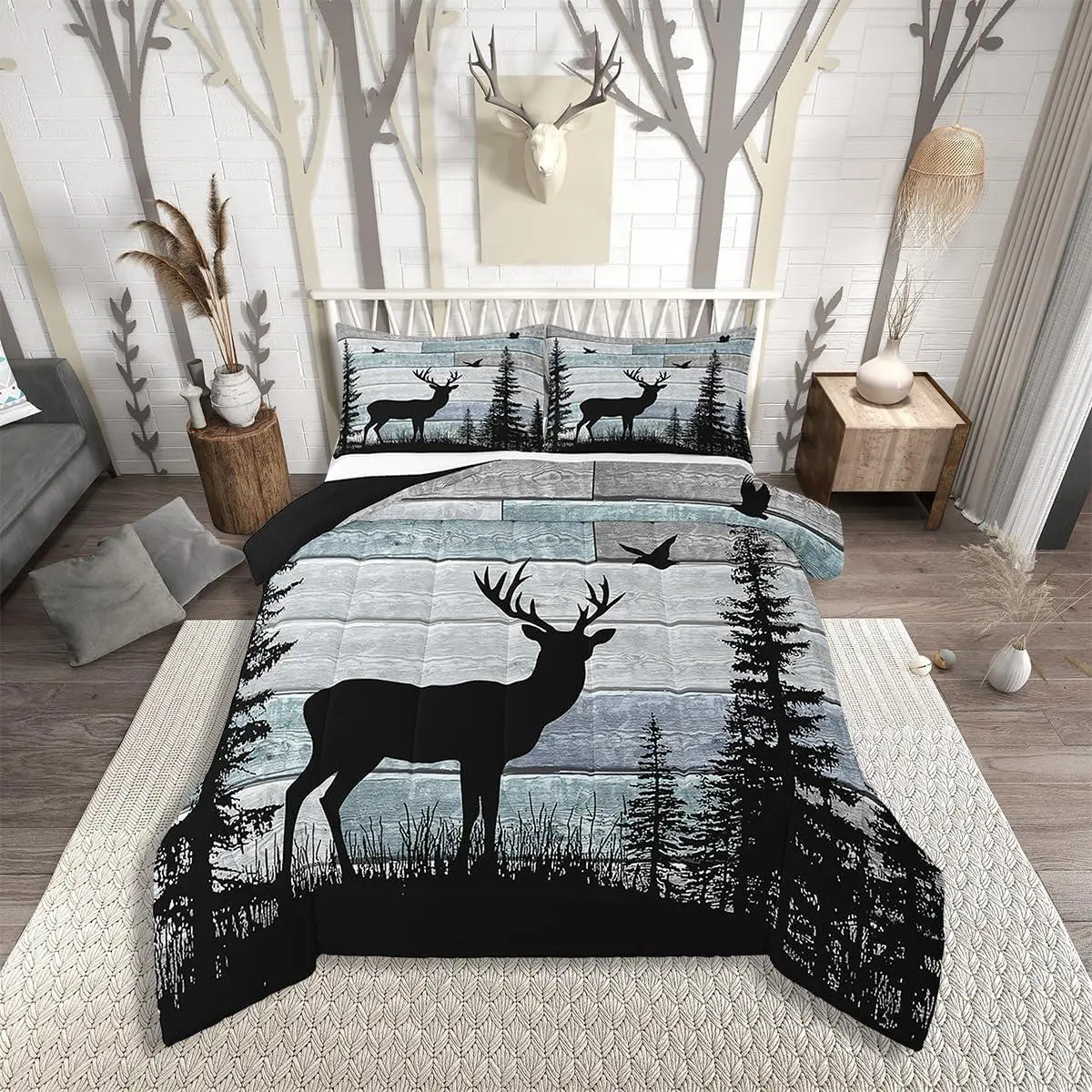 Feelyou Soft Wrinkle Resistant Rustic Deer Silhouettes Duvet Set - Western Farmhouse Cabin Lodge Style, Woodland Animals Themed Textile Bedding Linens, Includes Core Bedding Components