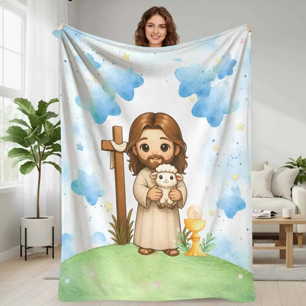 Christian Faith Jesus Lamb Cross Flannel Blanket - Watercolor Art Star Print, Anti-Pilling Flannel Fabric, Soft Cozy Lightweight Warm Plush Throw, Multi-Size, Indoor/Outdoor for Sofa Bedroom, Easter Baptism Gift