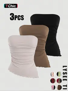 26 Valentine's Day 3pcs Autumn/Winter Bottom Women's Casual Fashion Sports Multi Color Ear Edge High Elasticity Topless Tank Top Three Piece Set