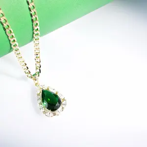 14K Gold Laminated Emerald Teardrop Pendant Necklace with 3MM Cuban Chain Luxury Shine Bold Centerpiece Clear CZ Halo Stones Unisex Jewelry