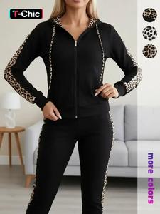 women's patchwork leopard print side stripe zip up drawstring hoodie & pants two-piece set, casual long sleeve hooded sweatshirt & trousers for fall & winter, women's clothes for daily wear, womenswear