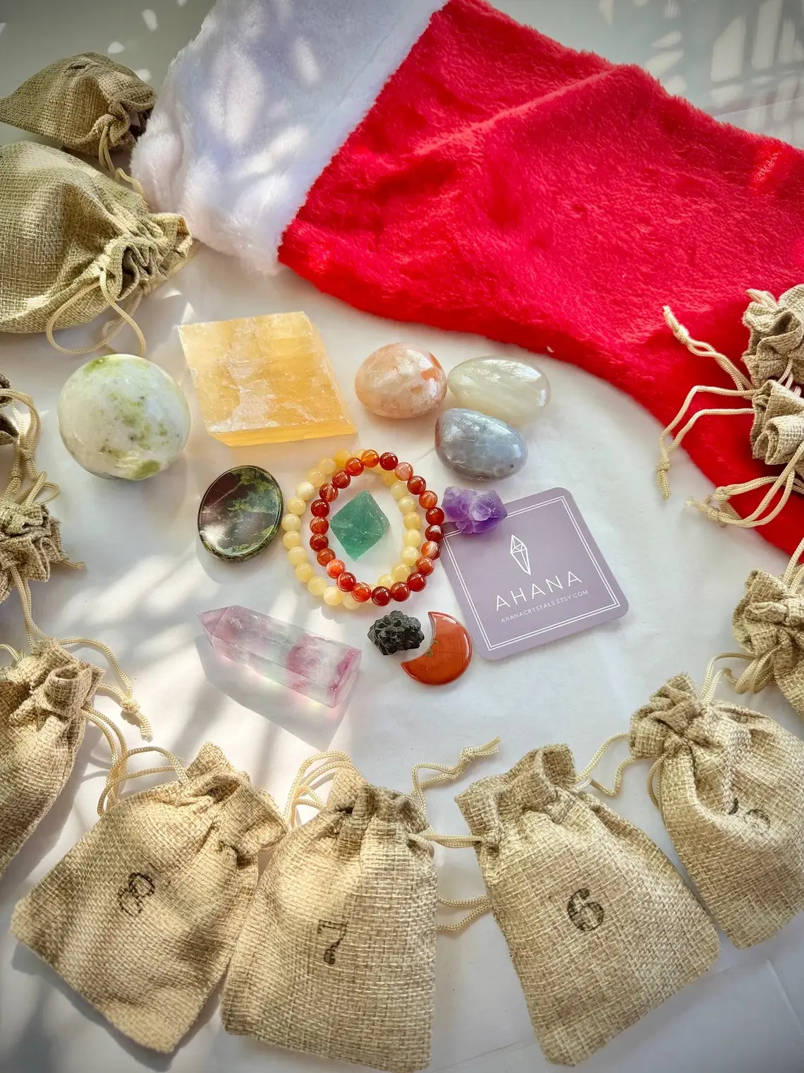 12 Days of Christmas Holiday Crystal Gift Stocking With Carefully Curated Specimens Tumbles Bracelets Carvings Towers Crystal Specimens