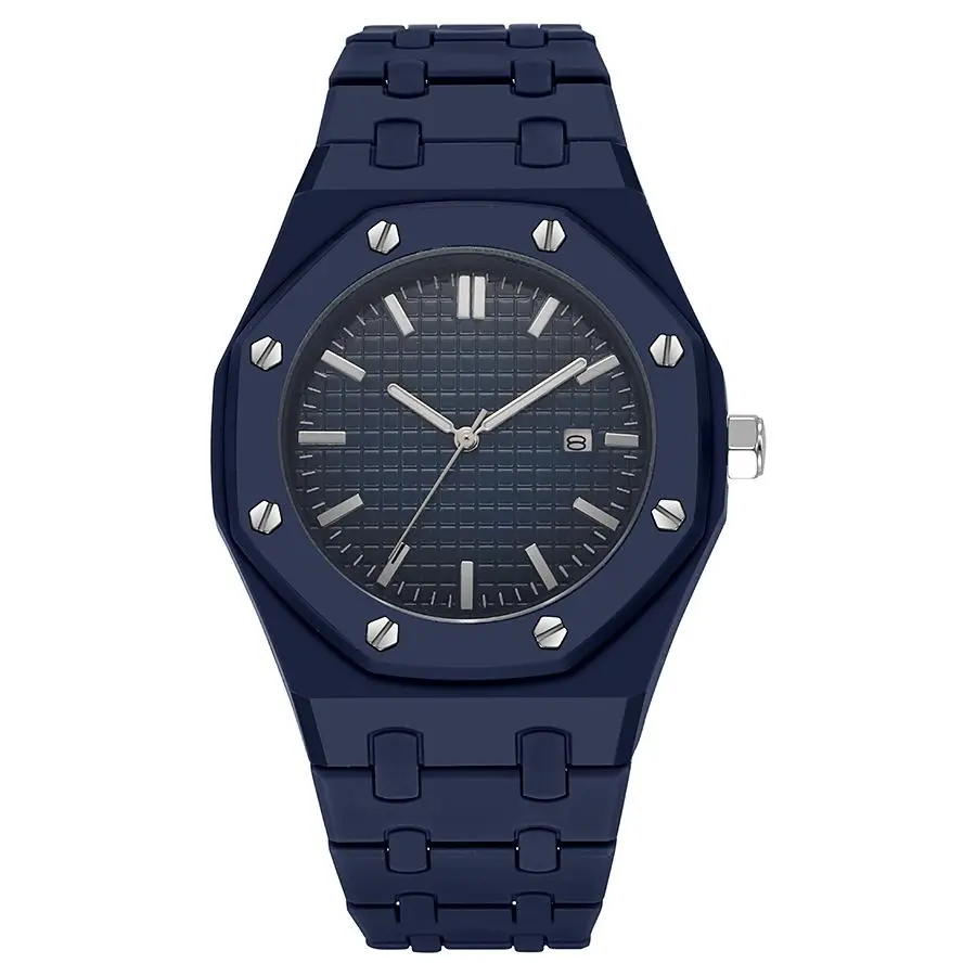 Men's Octagonal Analog Quartz Watch, Minimalist Sports Wrist Watch with Silicone Band, Waterproof Dress Watch with Date Window for Daily Casual