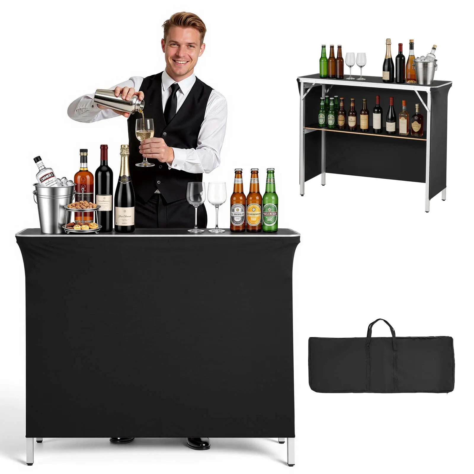 VEVOR Foldable Aluminium Convertible Home Bar Table (43.3x15.2x34.8in) - Portable Size Furniture with Carry Bag, Storage Shelf, Detachable 3-Sided Wraparound Fabric, Quick Setup for Parties, Market Stalls#BacktoSchool