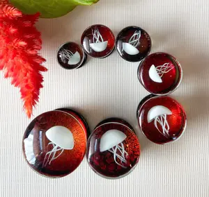 PAIR of White Jellyfish Red Background Pyrex Glass Double Flare Plugs -Gauges 0g (8mm) through 3/4" (19mm)