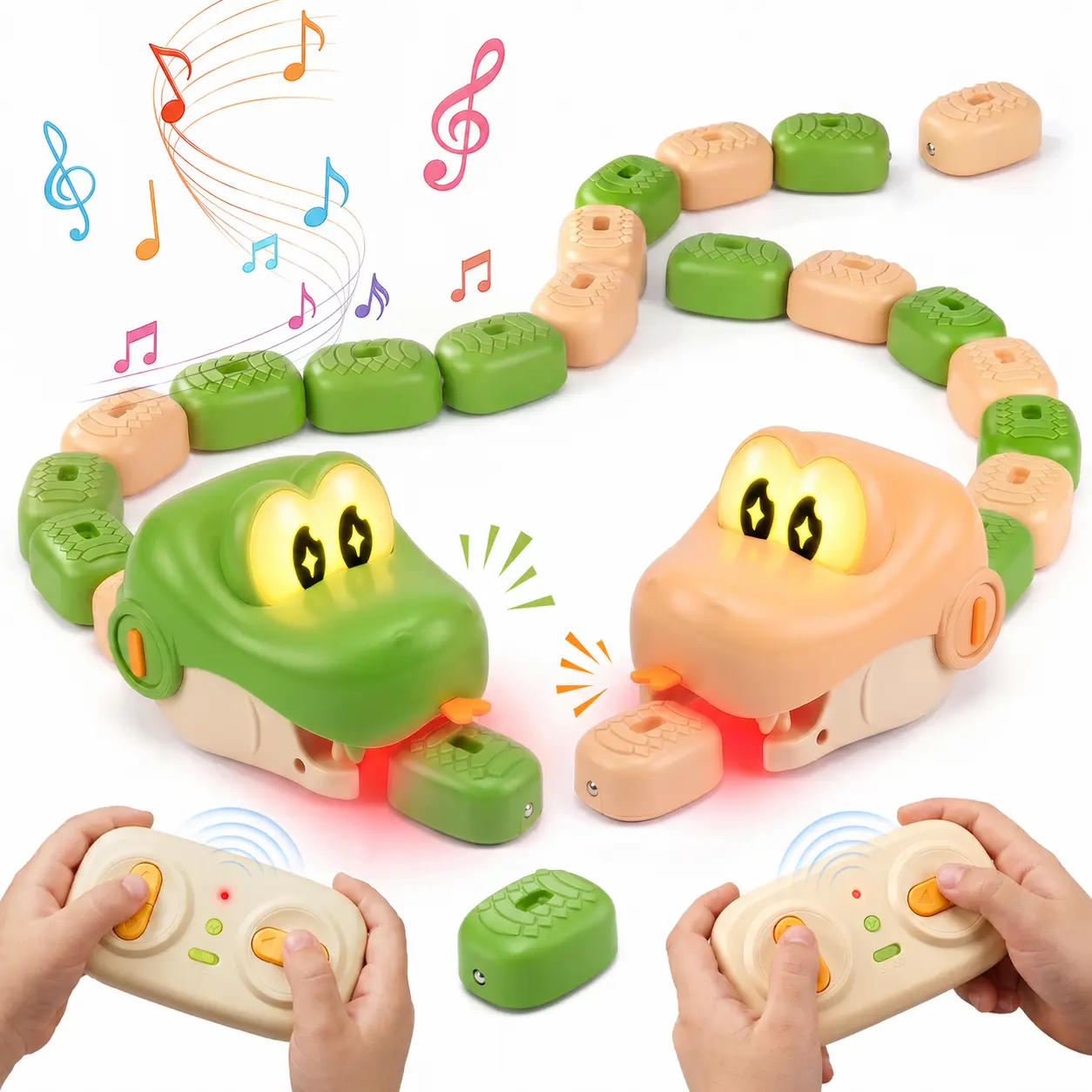 2 Player Snake Game, Remote Control Snake Toy with Magnetic Blocks, Lights & Sounds, Interactive Game for Kids